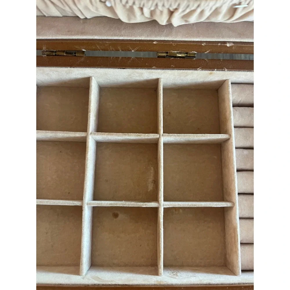 Vintage Burl Wood Jewelry Box Chest Brass Hardware 2 Drawers Necklace Hooks 10in